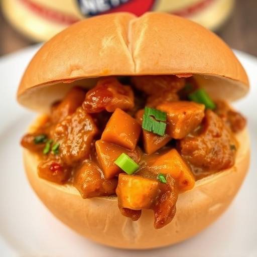 A close-up shot of a delicious Bunny Chow, showcasing the curry-filled bread loaf