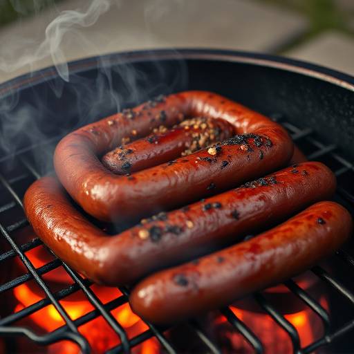 A sizzling Boerewors coil on a braai, emitting smoke and inviting aromas