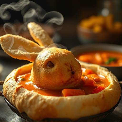 A steaming bunny chow, a popular South African street food, served in a hollowed-out loaf of bread.