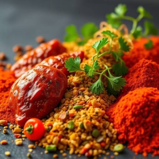 A variety of spices used in South African cuisine, including peri-peri, masala, and coriander