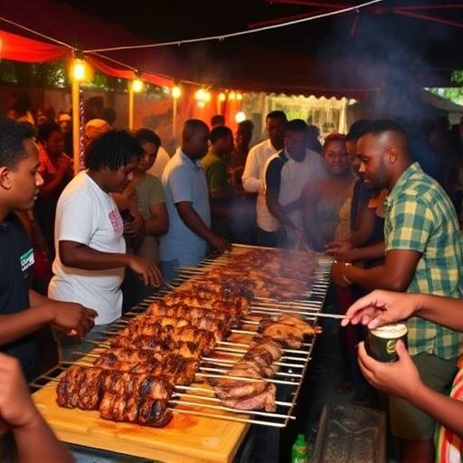 A vibrant Shisa Nyama scene with people gathered around a braai, enjoying grilled meats