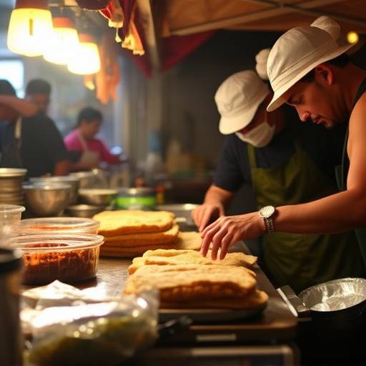 Close-up of someone preparing a bunny chow, a popular South African street food dish, with visible layers of curry and bread
