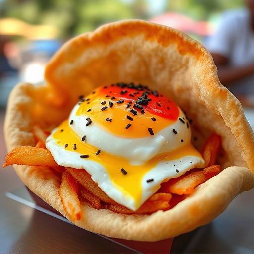 Kota: A quarter loaf of bread filled with layers of chips, polony, cheese, egg, and sauces, a popular street food in Johannesburg