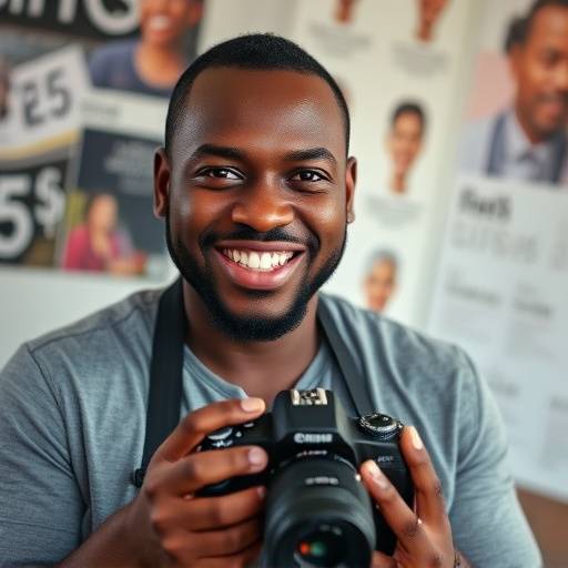 Portrait of Thabo Nkosi, food photographer for Mzansi Bites, holding a camera and smiling